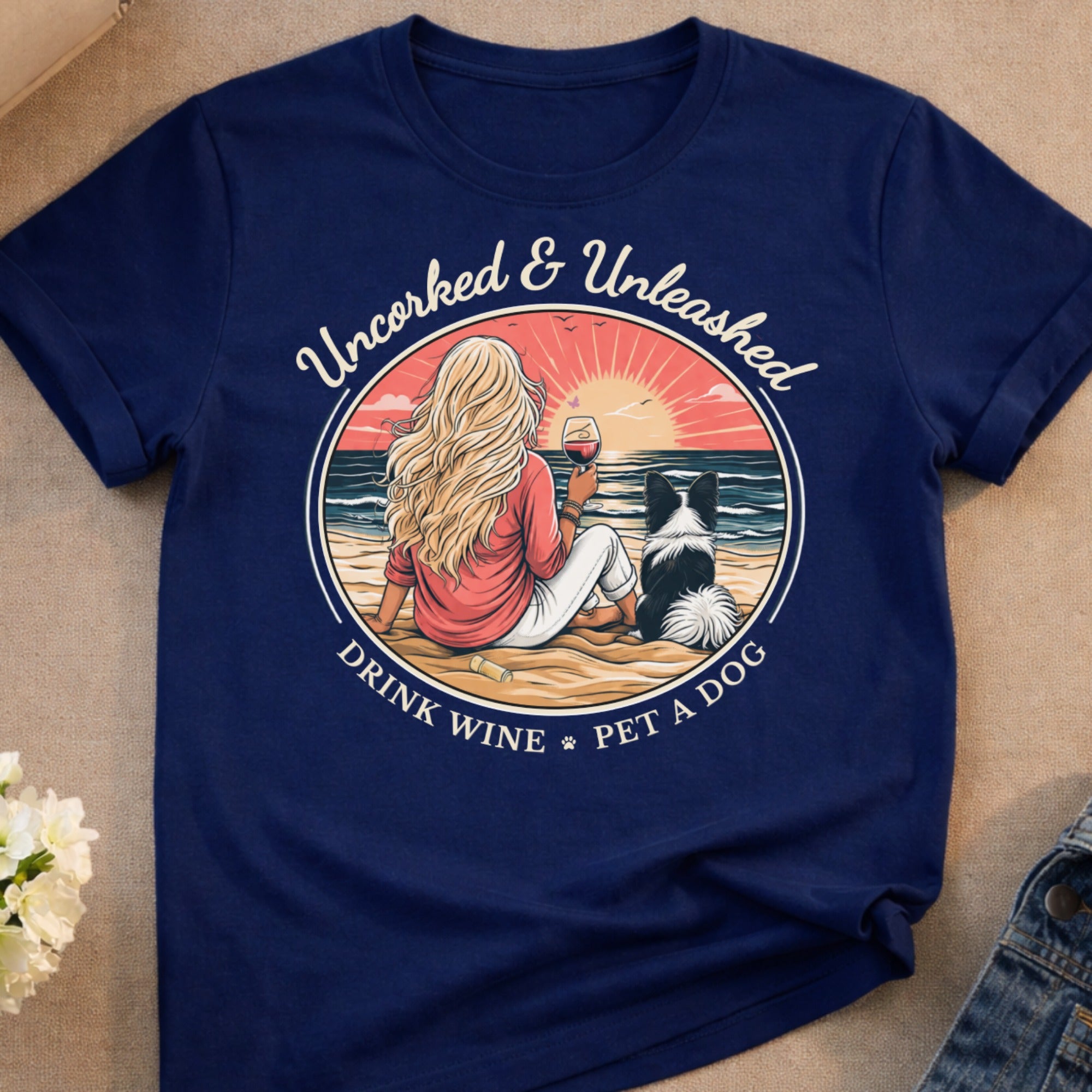 Woman with blonde hair drinks wine on beach with dog, text "Uncorked & Unleashed".