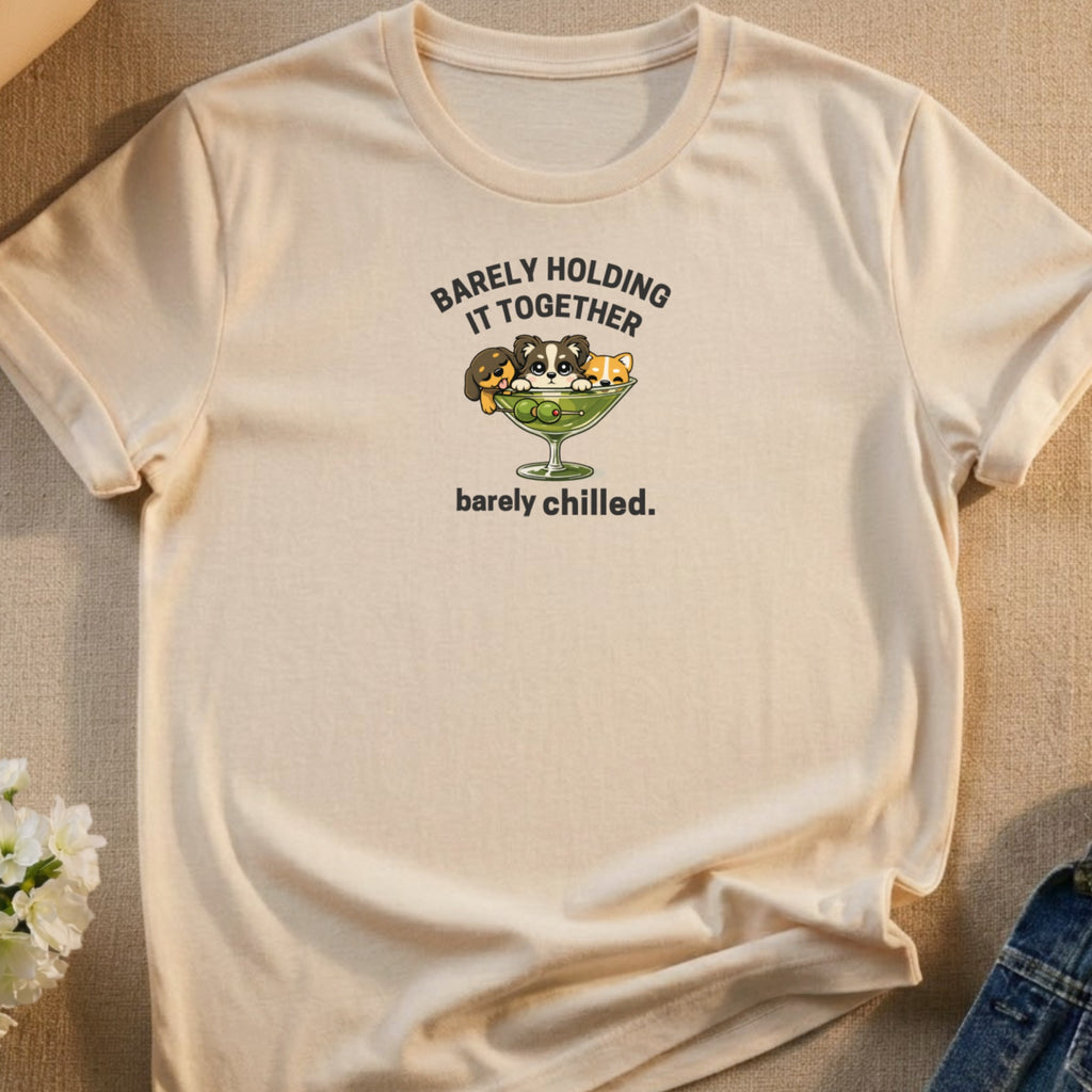 Cream t-shirt with cartoon puppies in a martini glass with text.