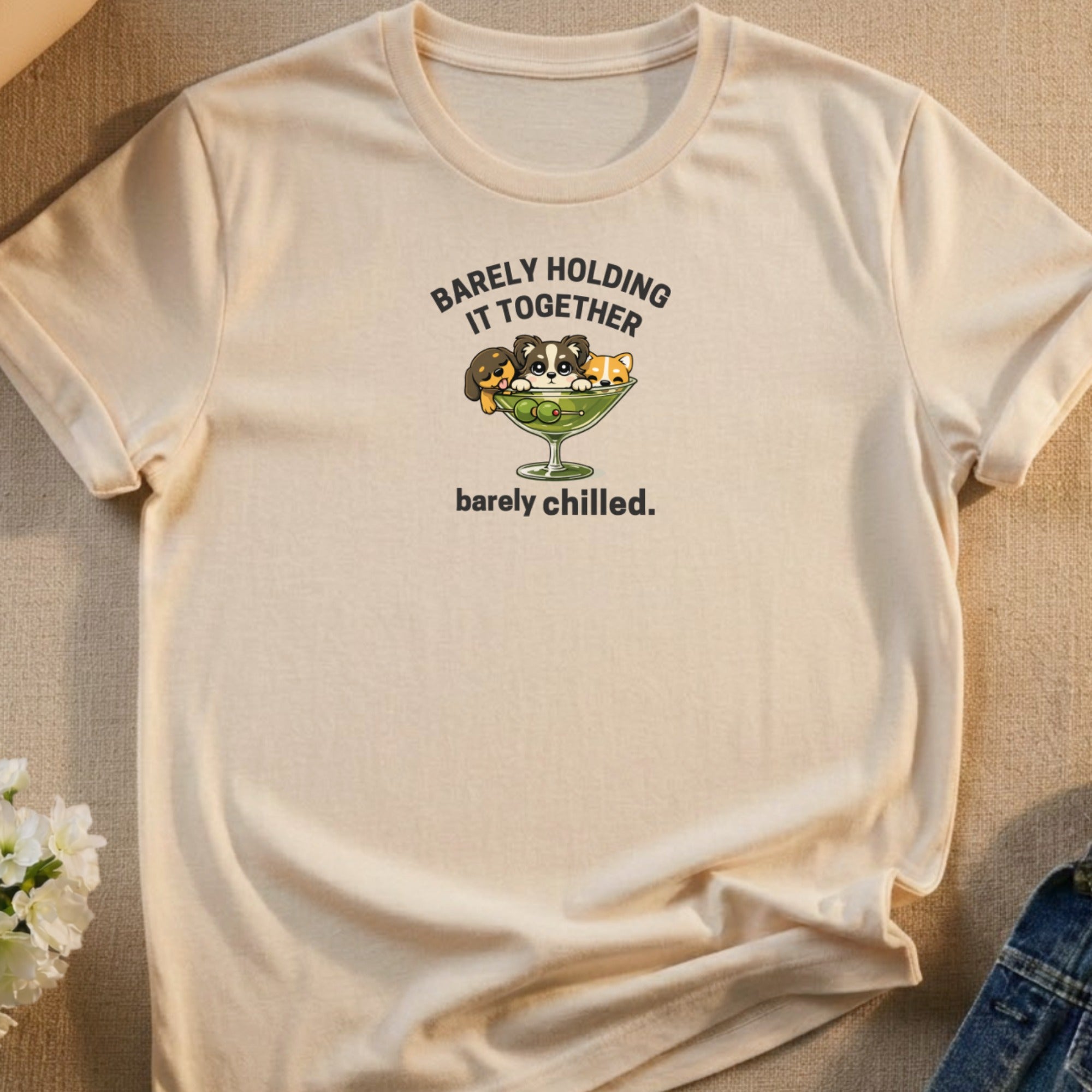 Cream t-shirt with cartoon puppies in a martini glass with text.