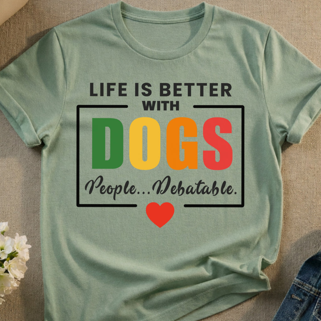 T-shirt with text "Life is Better with Dogs. People... Debatable."