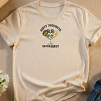 Cream t-shirt with cartoon dogs in a martini glass and "Dirty Thoughts Extra Dirty" text.