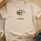 T-shirt with three cartoon puppies in a martini glass, reading "OVERSTIMULATED PLEASE WAIT".