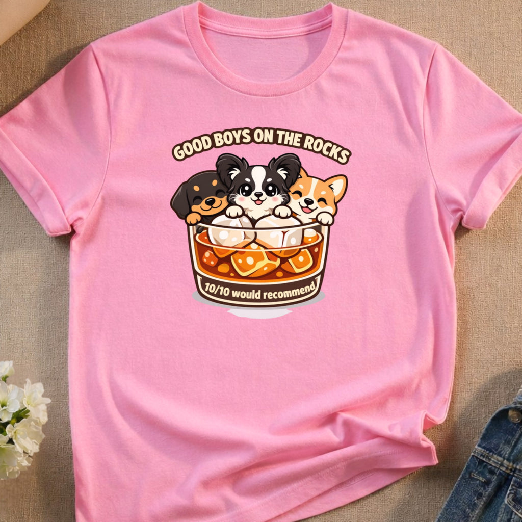 Pink t-shirt with "Good Boys on the Rocks" graphic featuring three dogs in a glass.