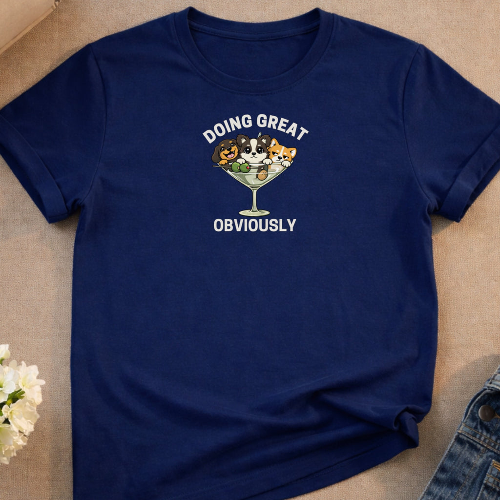 Dark blue t-shirt with dogs in a martini glass and text "Doing Great OBVIOUSLY".