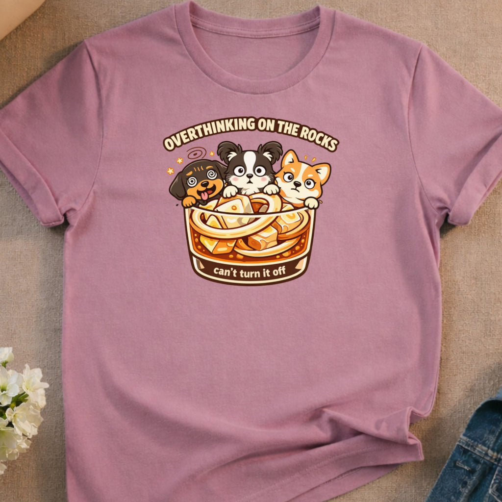 T-shirt with cartoon dogs in a bowl of noodles, "Overthinking On The Rocks".
