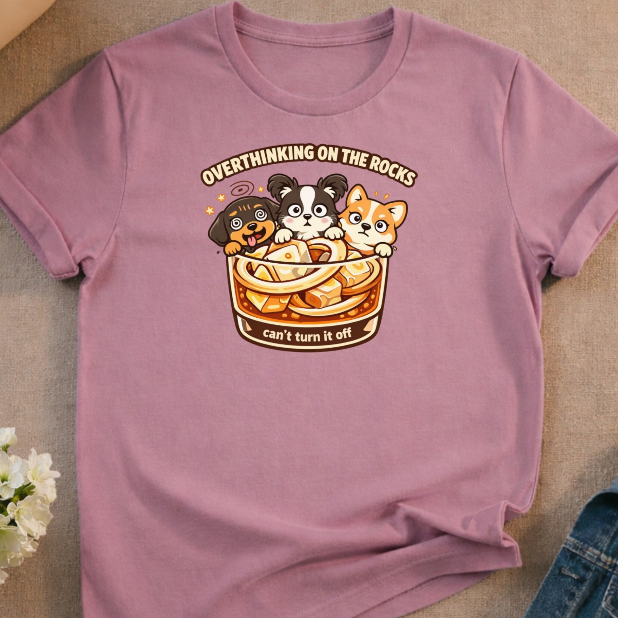 T-shirt with cartoon dogs in a bowl of noodles, "Overthinking On The Rocks".