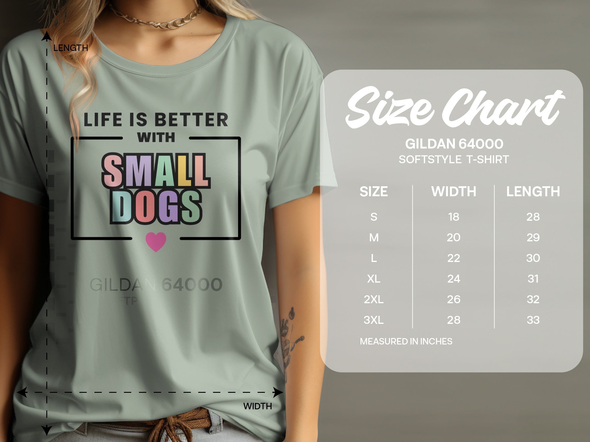 T-shirt with "Life is Better With Small Dogs" graphic and size chart.