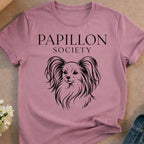 Pink t-shirt with "Papillon Society" and a dog outline.