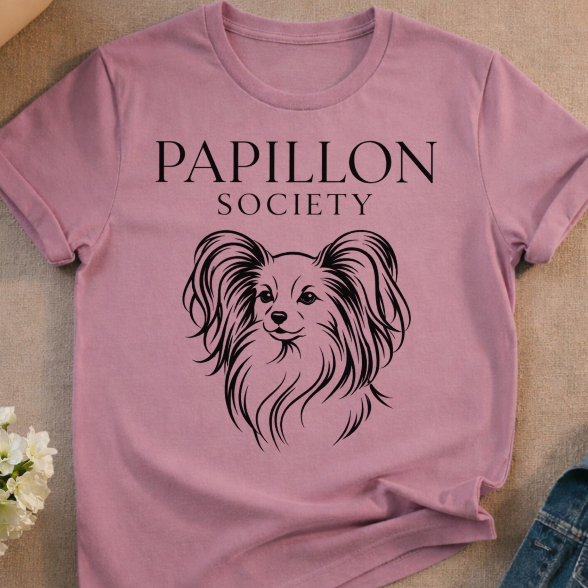 Pink t-shirt with "Papillon Society" and a dog outline.
