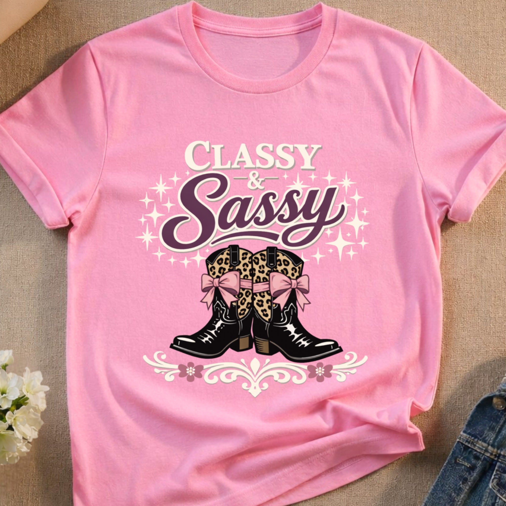Pink t-shirt with "Classy & Sassy" text and cowboy boots graphic.