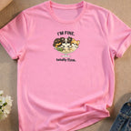 Pink t-shirt with three cartoon dogs in a bowl, text "I'm fine. totally fine."