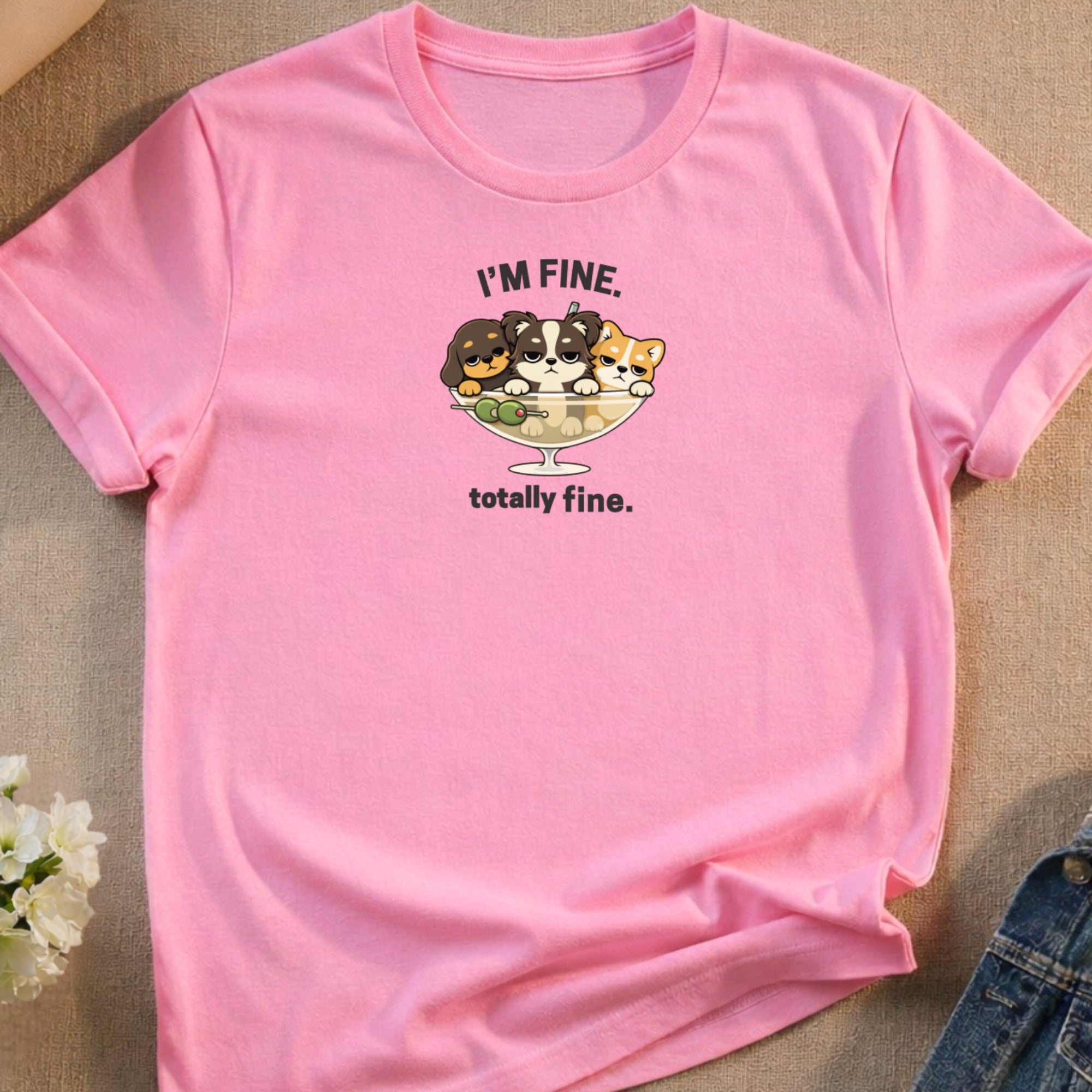 Pink t-shirt with three cartoon dogs in a bowl, text "I'm fine. totally fine."