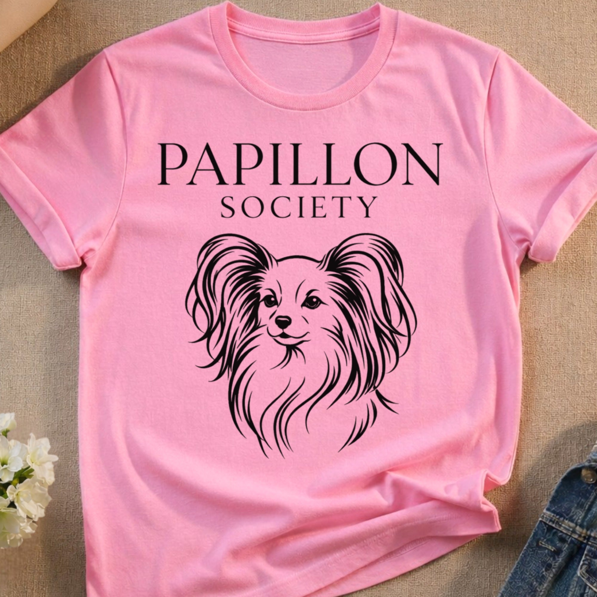 Pink t-shirt with "PAPILLON SOCIETY" and a dog's head illustration.