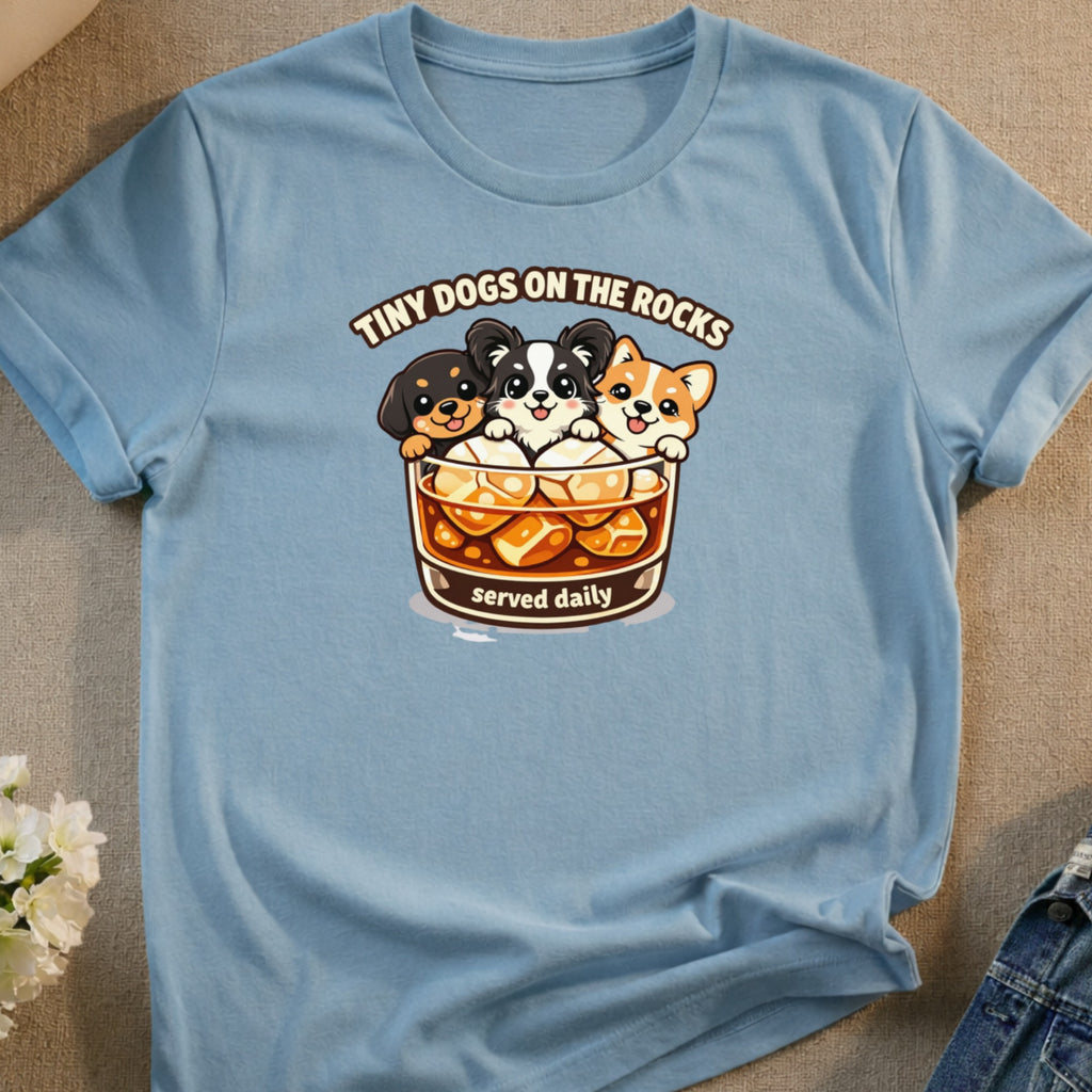 Blue t-shirt with "Tiny Dogs on the Rocks Served Daily" graphic.