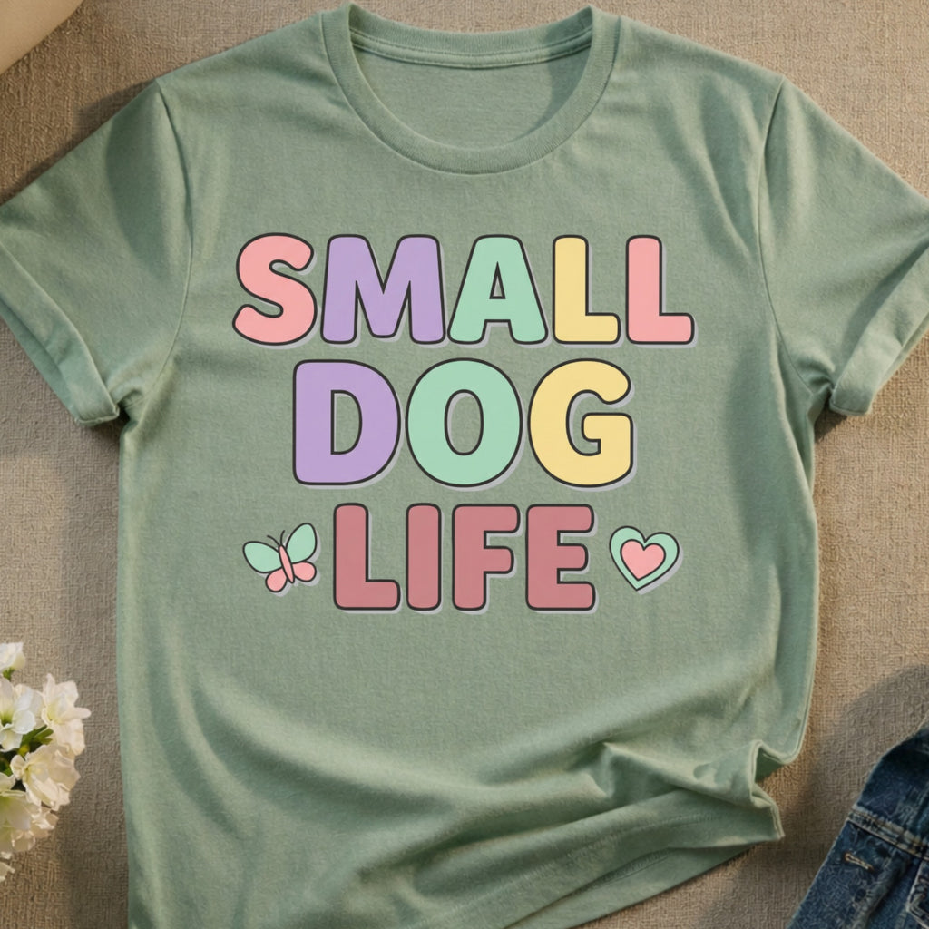 Sage t-shirt with "SMALL DOG LIFE" text and butterfly/heart graphics.