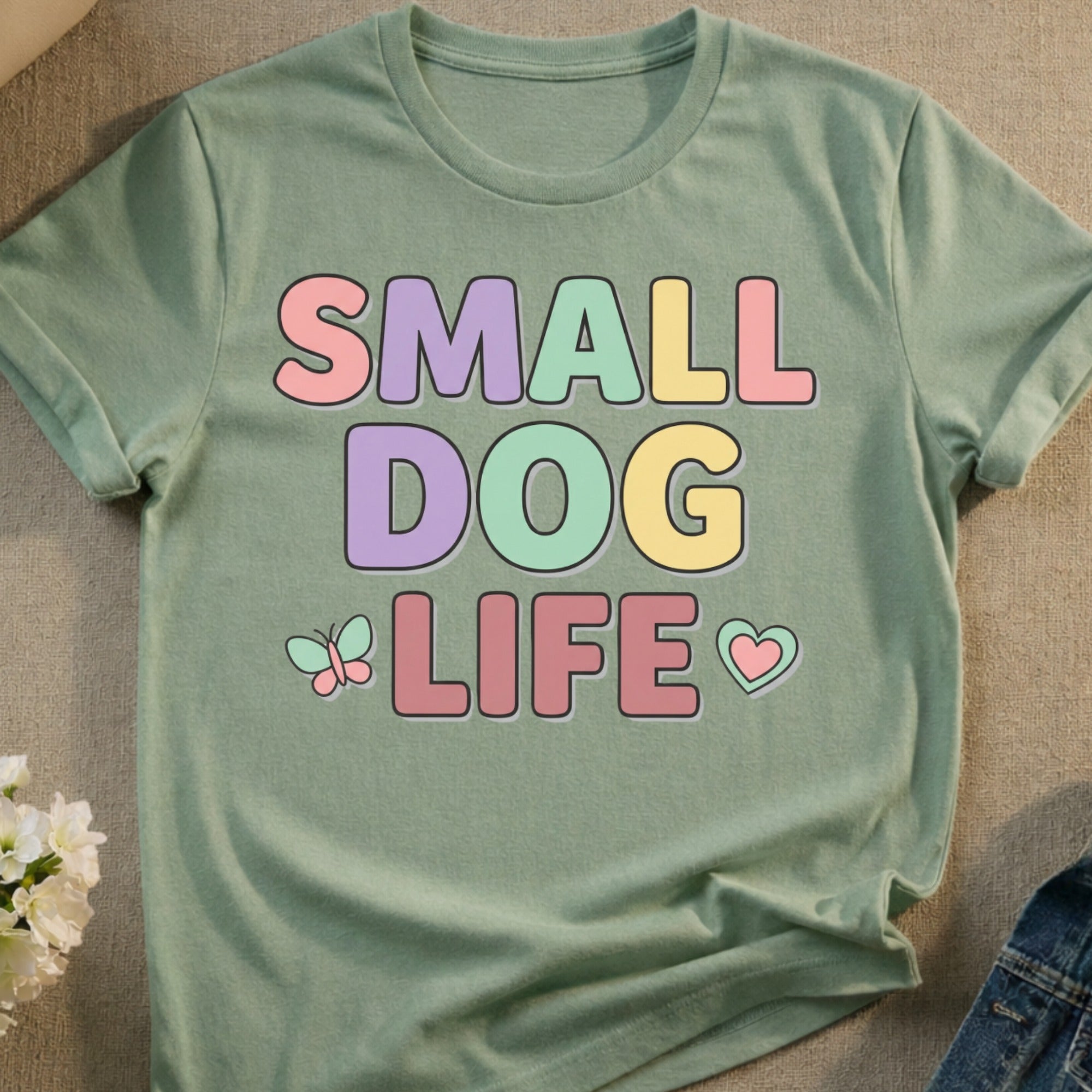 Sage t-shirt with "SMALL DOG LIFE" text and butterfly/heart graphics.