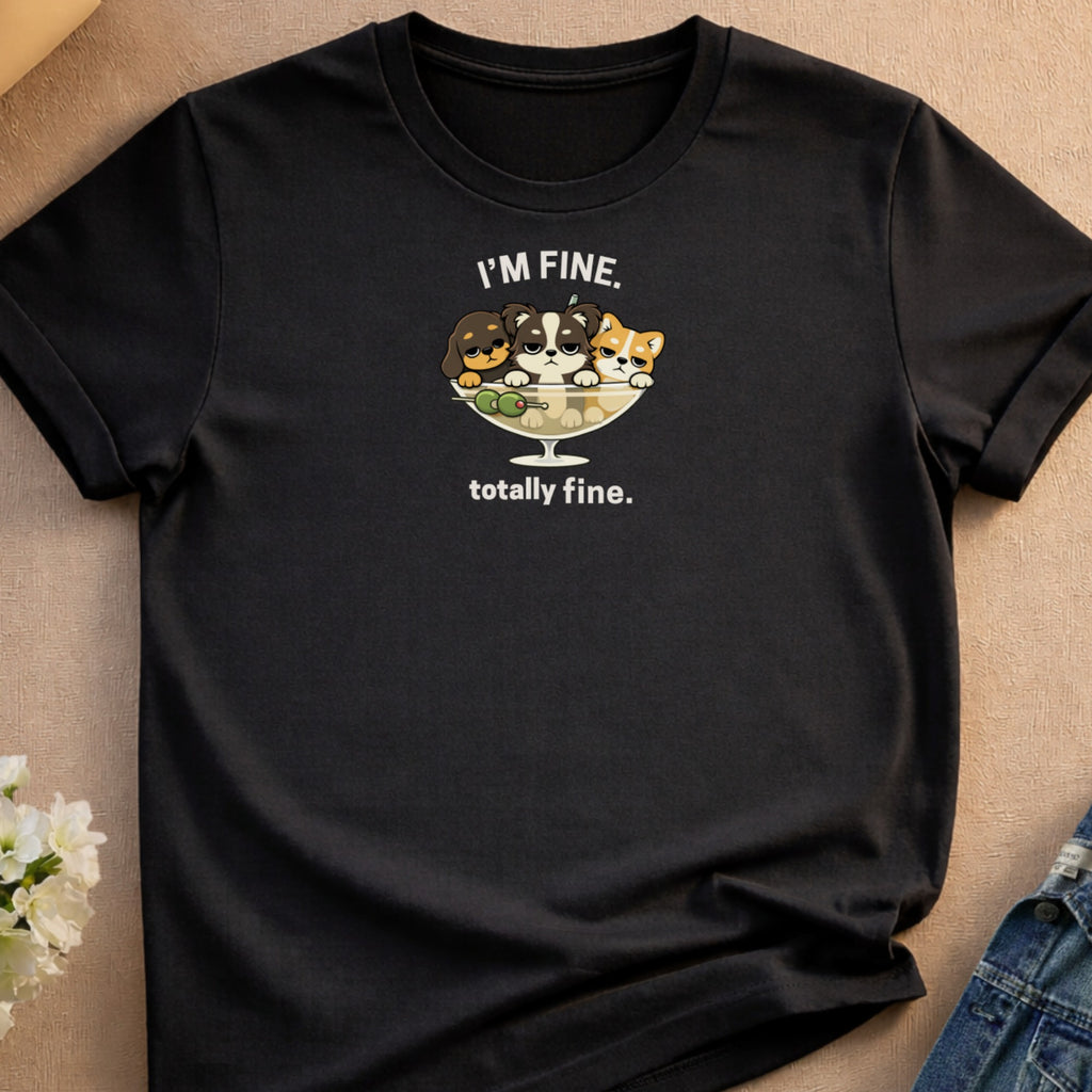Black t-shirt with three cartoon puppies in a martini glass.