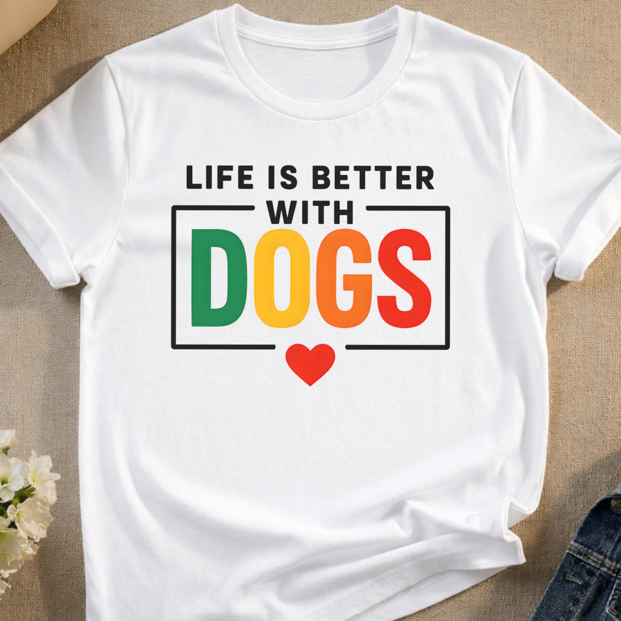 White t-shirt with "Life is Better with Dogs" and a heart.