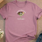 T-shirt with four puppies in a martini glass, text "OVERSTIMULATED PLEASE WAIT".