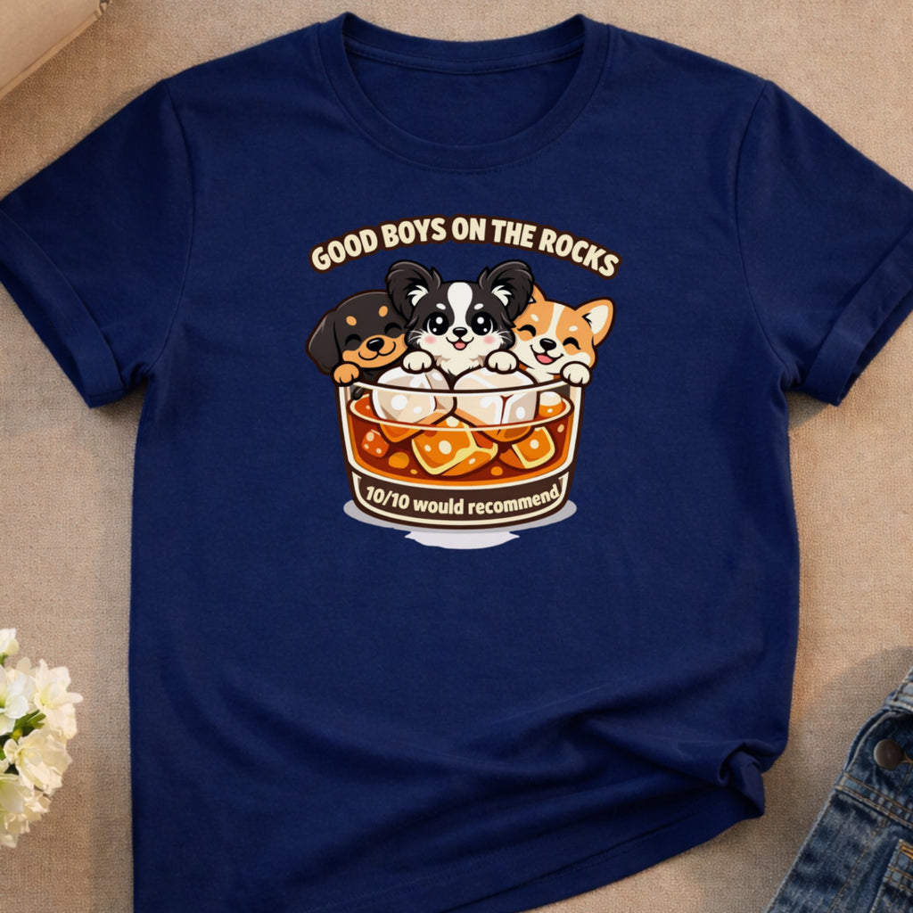 T-shirt with cartoon dogs in a whiskey glass, reading "Good Boys on the Rocks".