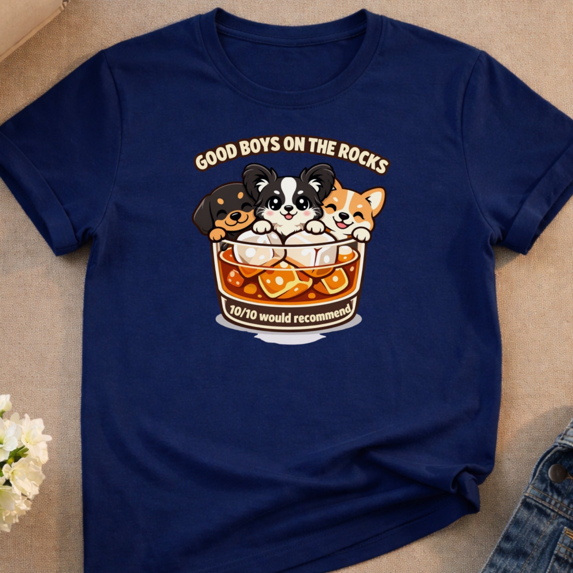 T-shirt with cartoon dogs in a whiskey glass, reading "Good Boys on the Rocks".