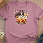 T-shirt with cartoon dogs in a glass with text "Tiny Dogs on the Rocks served daily".