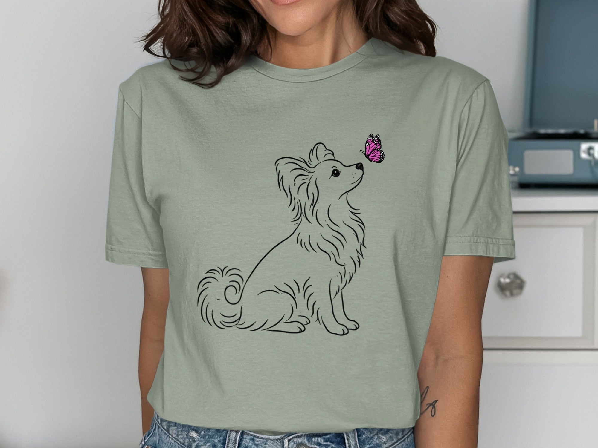 Cute Dog and Butterfly Print T-Shirt for Women