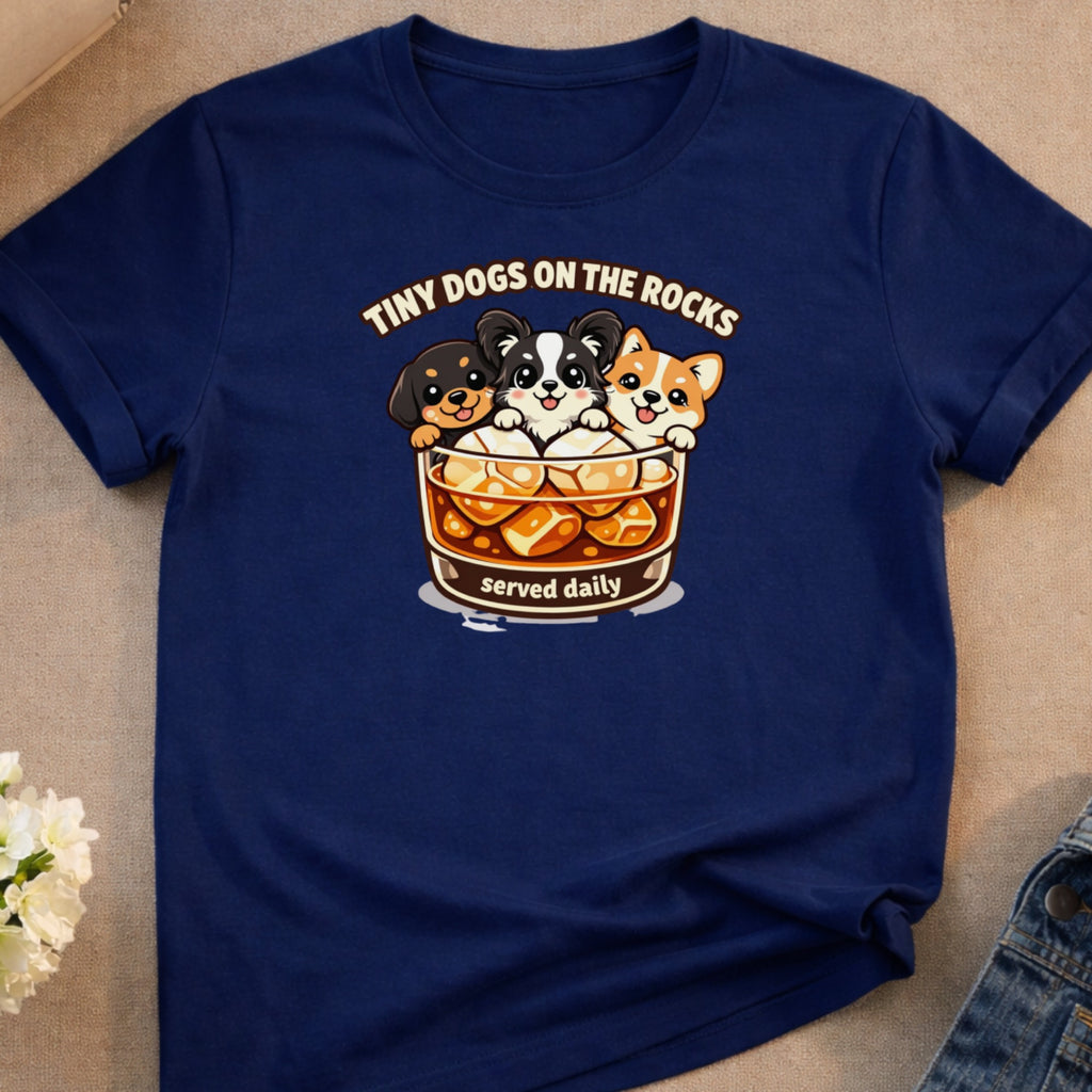 Three small dogs in a glass with ice and the text "Tiny Dogs on the Rocks".