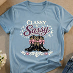 Cowboy boots with leopard print bows and "Classy & Sassy" text.