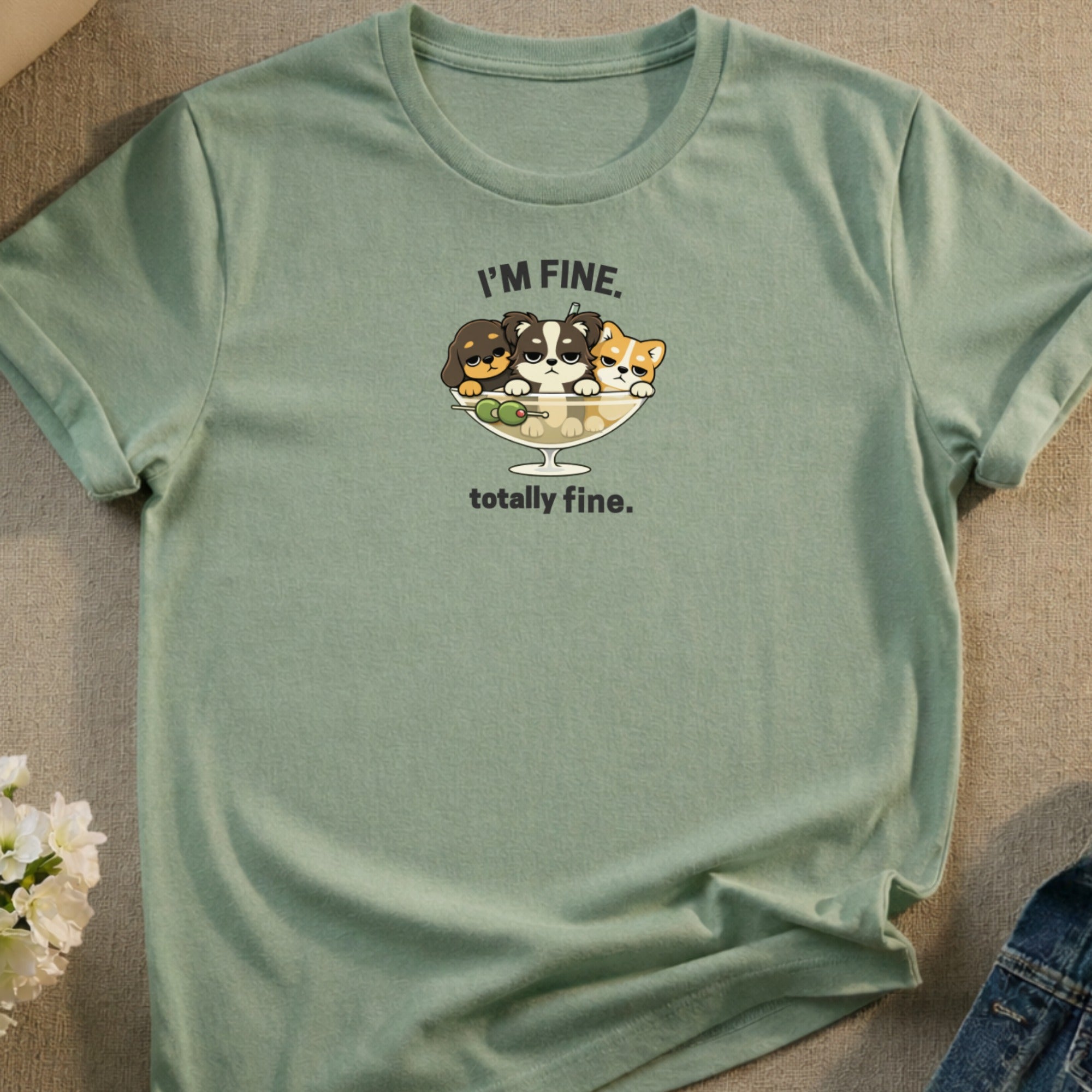 T-shirt with cartoon puppies in a martini glass, reading "I'm fine. Totally fine."