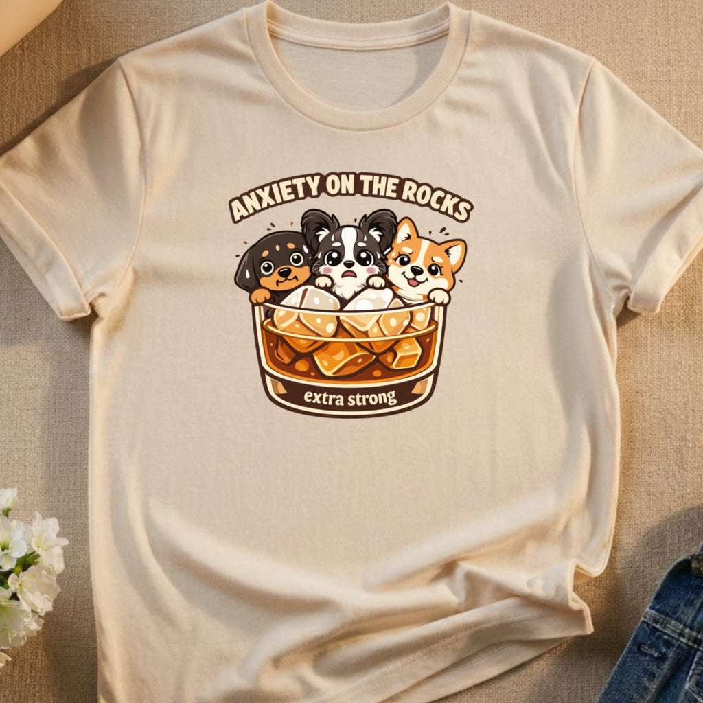 Three dogs in a glass with ice, text reads "Anxiety on the rocks, extra strong".