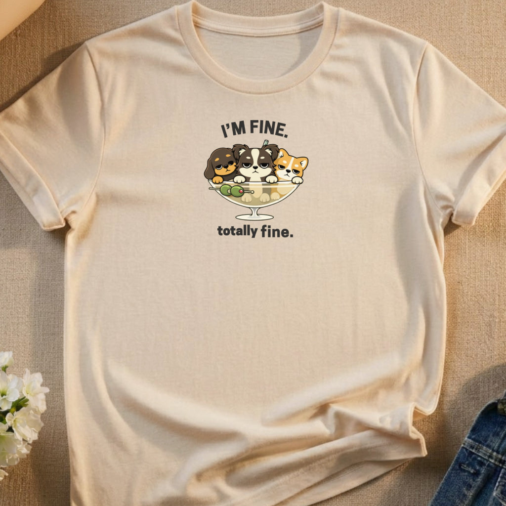 Cream t-shirt with "I'M FINE. totally fine." and cartoon dogs in a bowl.
