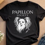 Black t-shirt with white text "PAPILLON SOCIETY" and a stylized drawing of a Papillon dog.