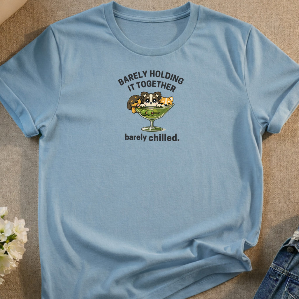 Light blue t-shirt with cartoon dogs and cats in a glass, "Barely Holding It Together" text.