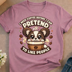 Cute dog peeking from a coffee cup with text "I need coffee before I can pretend to like people".