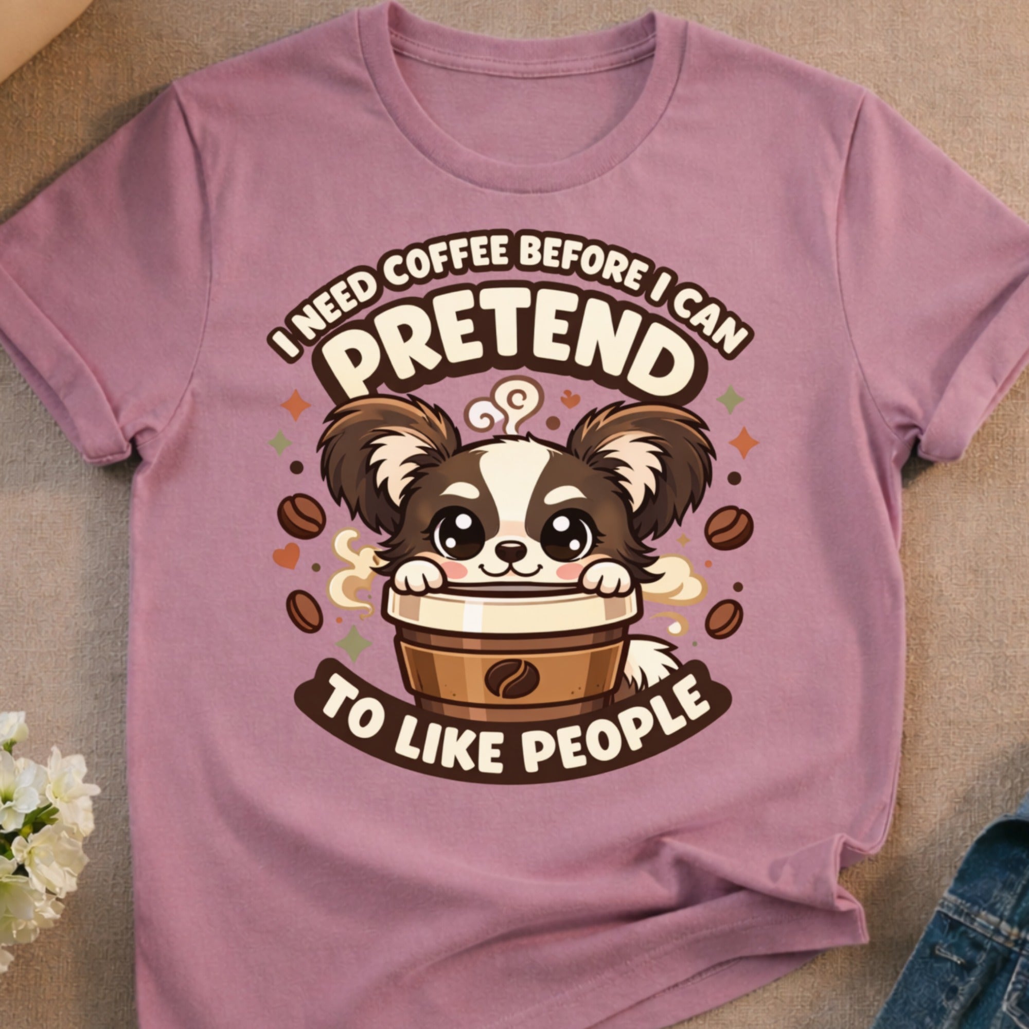 Cute dog peeking from a coffee cup with text "I need coffee before I can pretend to like people".