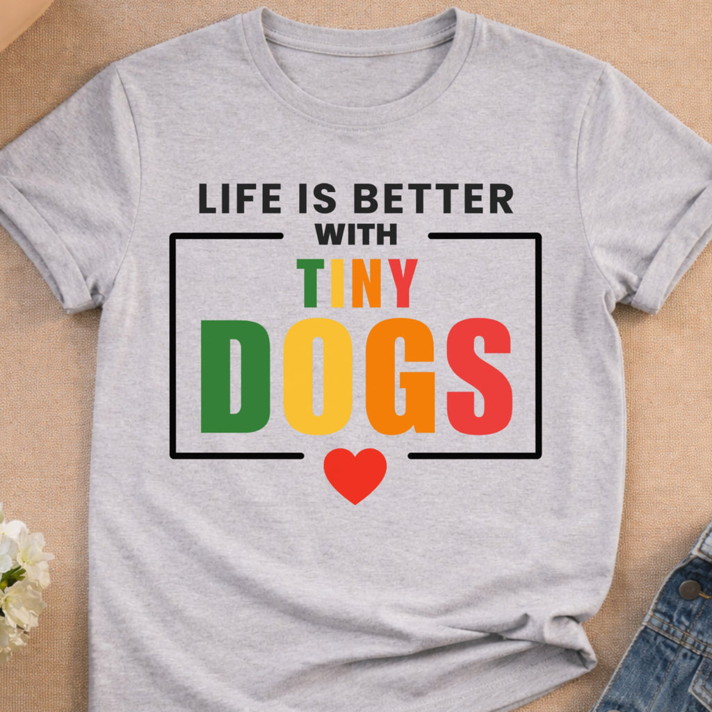 Life is better with tiny dogs text and heart graphic on t-shirt.